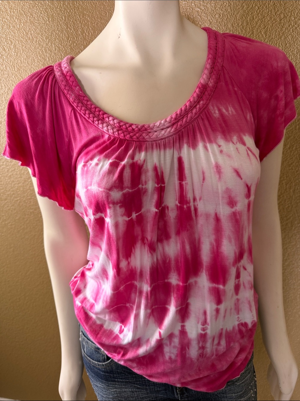 Buffalo David Bitton Pink Tie-Dye Braided Scoop Neck Top